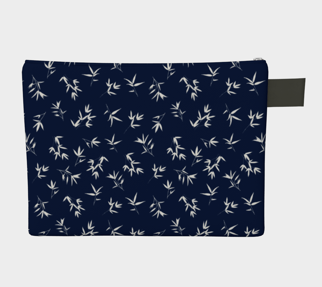 White bamaboo leaves in a tossed repeating pattern on a navy background. Zipper carry all pouch with vegan leather tab and pull straps.